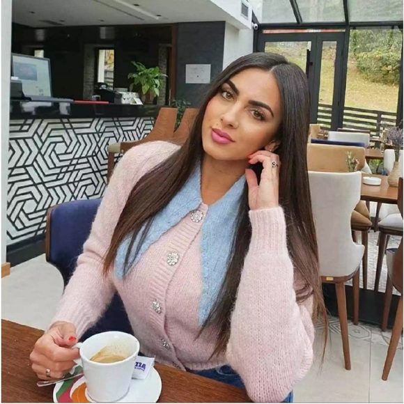 Zara Wool Alpaca Blend Contrast Collar Sweater Front Jewel/Rhinestone Button Med - Picture 11 of 13